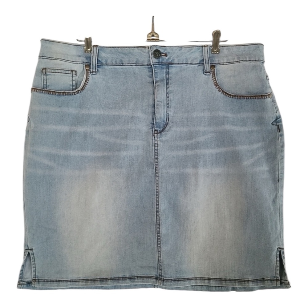 Bit & Bridle Light Wash Denim Skirt 16 Distressed Stitch Side Vent